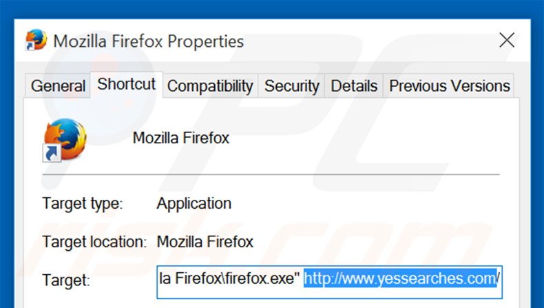 Eliminar yessearches.com del destino del acceso directo de Mozilla Firefox paso 2
