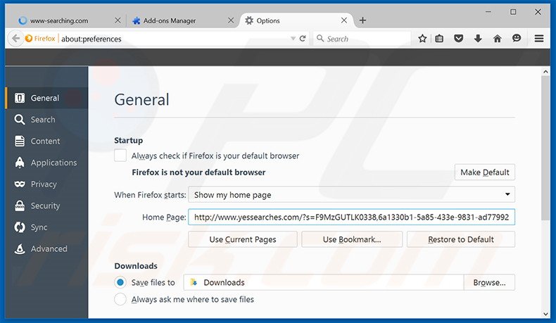  Eliminando yessearches.com de la página de inicio de Mozilla Firefox