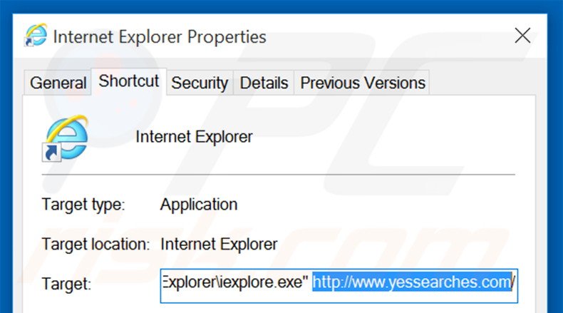 Eliminar yessearches.com del destino del acceso directo de Internet Explorer paso 2