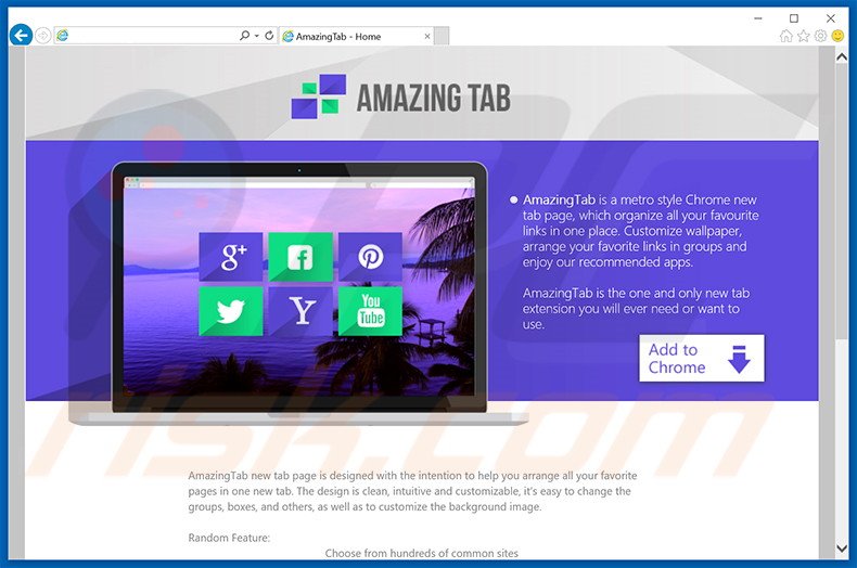 Sitio web destinado a promocionar el software publicitario AmazingTab