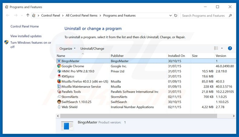 desinstalar el adware bingomaster del Panel de control