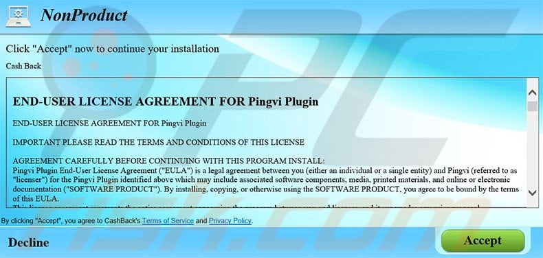 Instalador fraudulento de programas usado para distribuir el adware CashBack