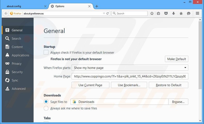 Eliminando coppingo.com de la página de inicio de Mozilla Firefox