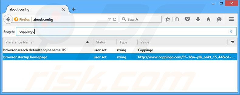 Eliminar coppingo.com del motor de búsqueda por defecto de Mozilla Firefox