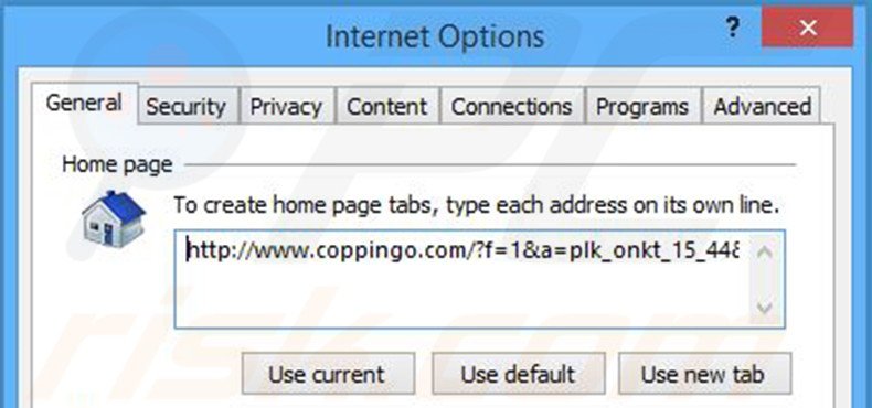 Eliminando coppingo.com de la página de inicio de Internet Explorer