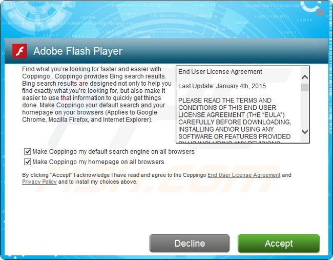 Instalador engañoso usado para distribuir el secuestrador de navegadores coppingo.com
