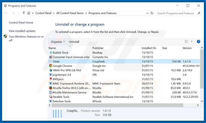 desinstalar el adware coupseek del Panel de control