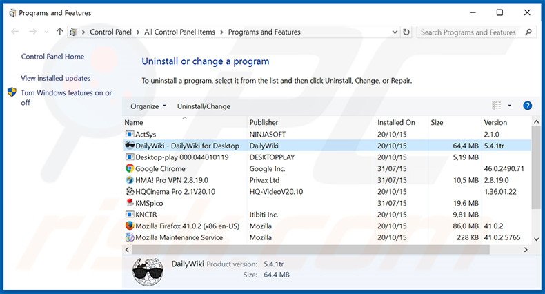 DailyWiki adware uninstall via Control Panel