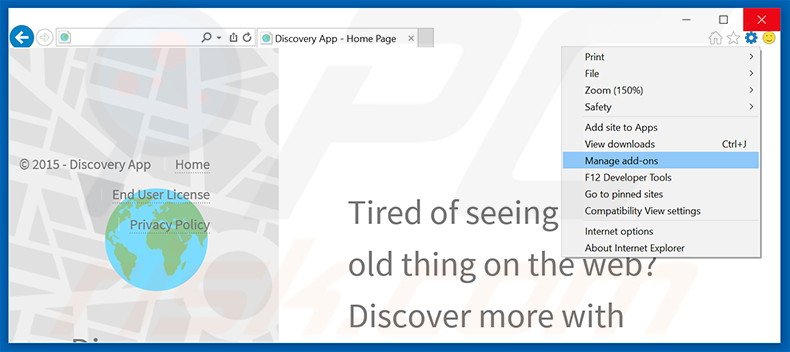 Eliminando los anuncios de Discovery app de Internet Explorer paso 1