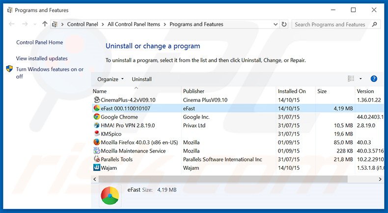 desinstalar el adware eFast browser del Panel de control