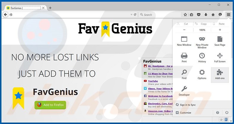 Eliminando los anuncios FavGenius de Mozilla Firefox paso 1