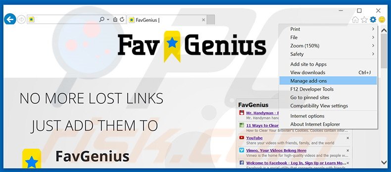 Eliminando los anuncios de FavGenius de Internet Explorer paso 1
