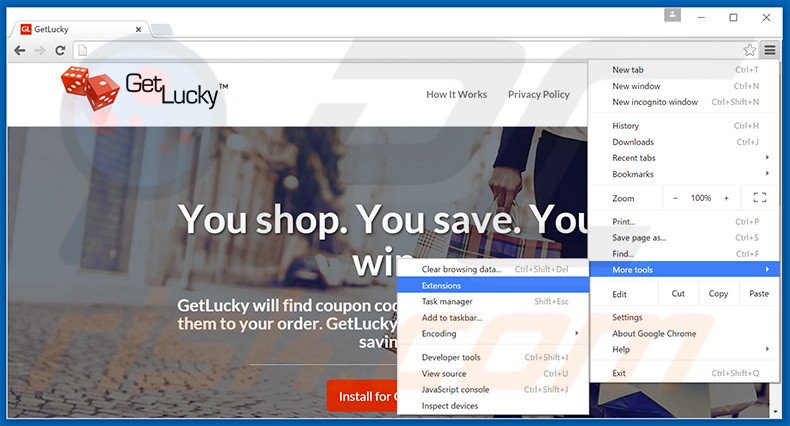 Eliminando los anuncios GetLucky de Google Chrome paso 1