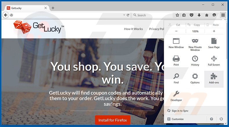 Eliminando los anuncios GetLucky de Mozilla Firefox paso 1