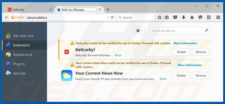 Eliminando los anuncios GetLucky de Mozilla Firefox paso 2