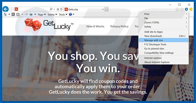 Eliminando los anuncios de GetLucky de Internet Explorer paso 1