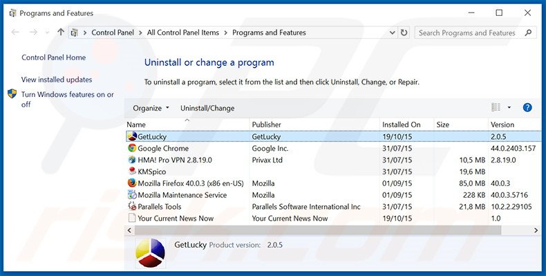 desinstalar el adware GetLucky del Panel de control