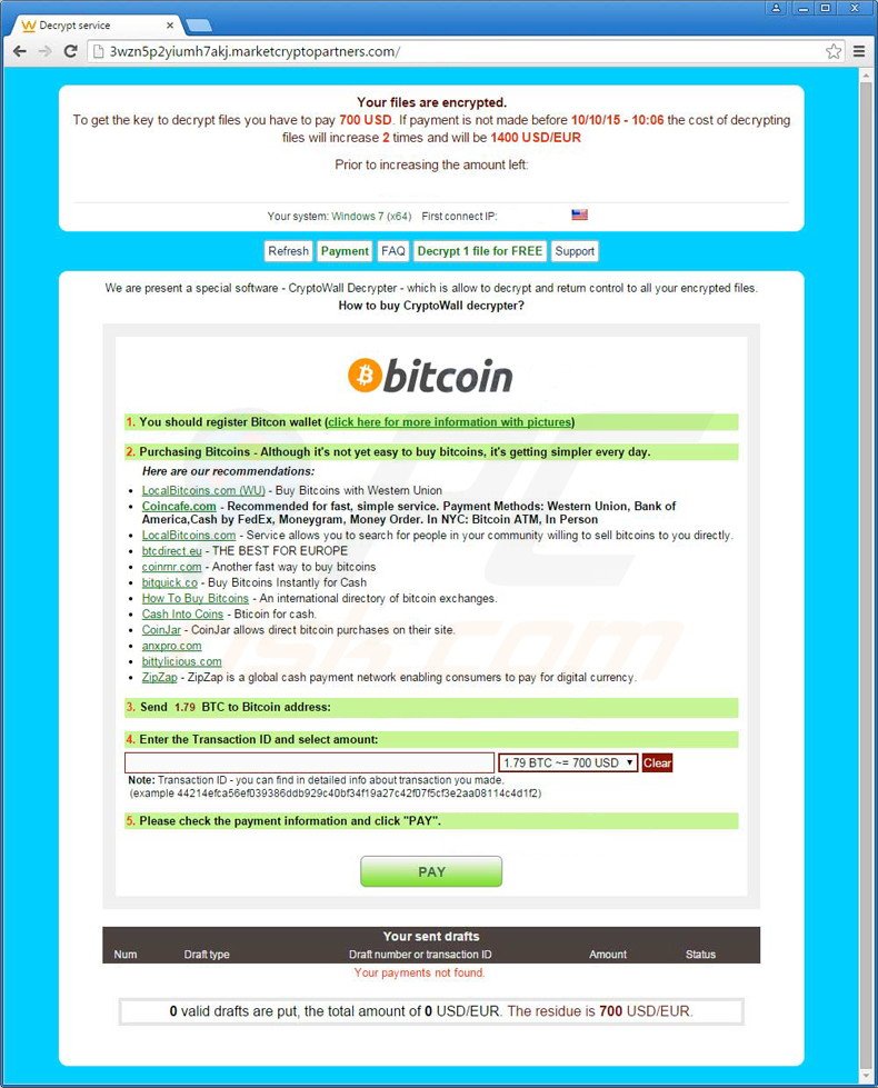 Instrucciones de pago facilitadas por el virus criptográfico HELP_YOUR_FILES