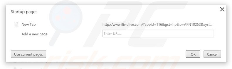 Eliminando ilividlive.com de la página de inicio de Google Chrome