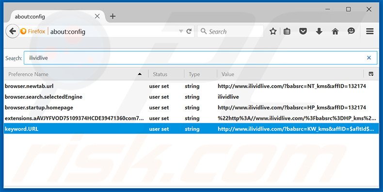 Eliminar ilividlive.com del motor de búsqueda por defecto de Mozilla Firefox