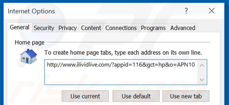 Eliminando ilividlive.com de la página de inicio de Internet Explorer