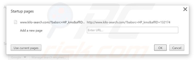 Eliminando kilo-search.com de la página de inicio de Google Chrome