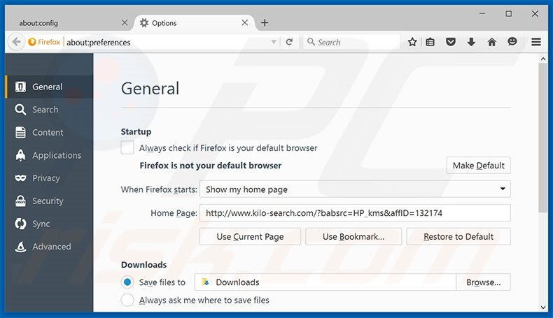 Eliminando kilo-search.com de la página de inicio de Mozilla Firefox