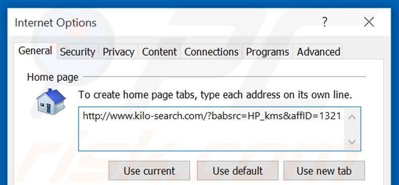 Eliminando kilo-search.com de la página de inicio de Internet Explorer