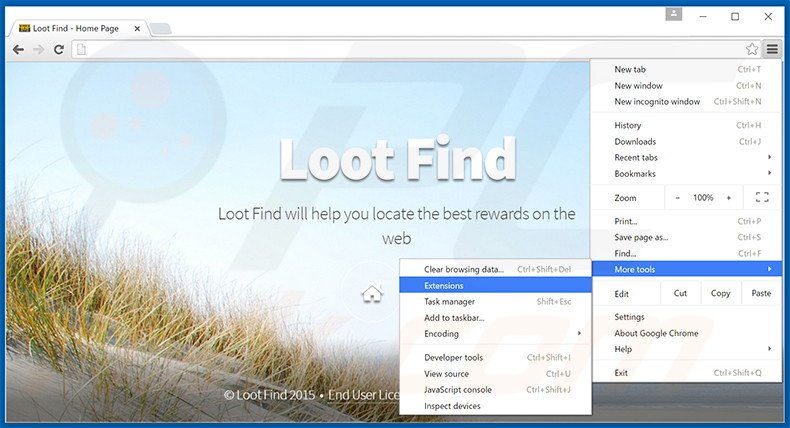 Eliminando los anuncios de Loot Find de Google Chrome paso 1