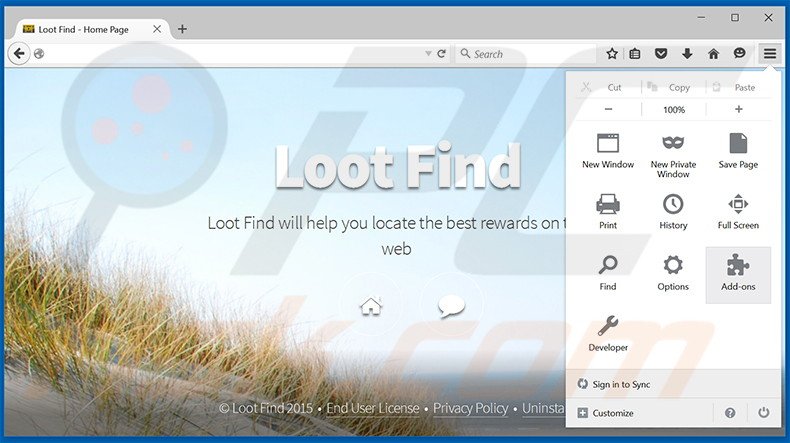 Eliminando los anuncios de Loot Find de Mozilla Firefox paso 1