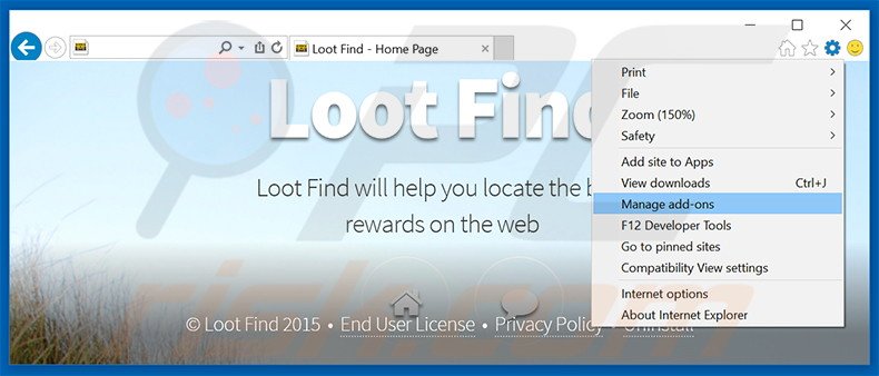 Eliminando los anuncios de Loot Find de Internet Explorer paso 1