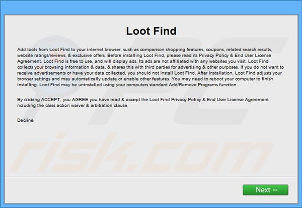 Instalación oficial del software publicitario Loot Find