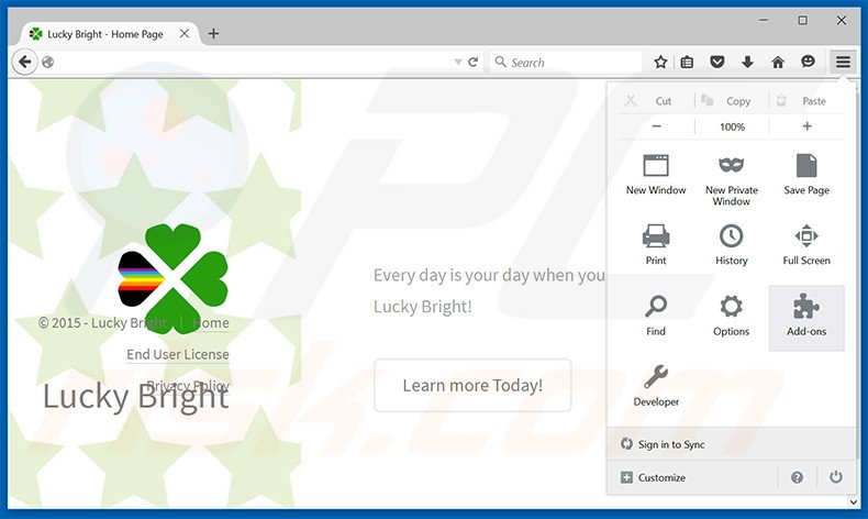 Eliminando los anuncios de Lucky Bright de Mozilla Firefox paso 1