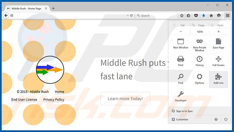 Eliminando los anuncios de Middle Rush de Mozilla Firefox paso 1