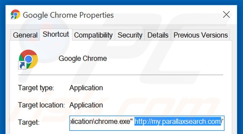 Eliminar my.parallaxsearch.com del destino del acceso directo de Google Chrome paso 2
