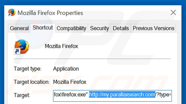 Eliminar my.parallaxsearch.com del destino del acceso directo de Mozilla Firefox paso 2