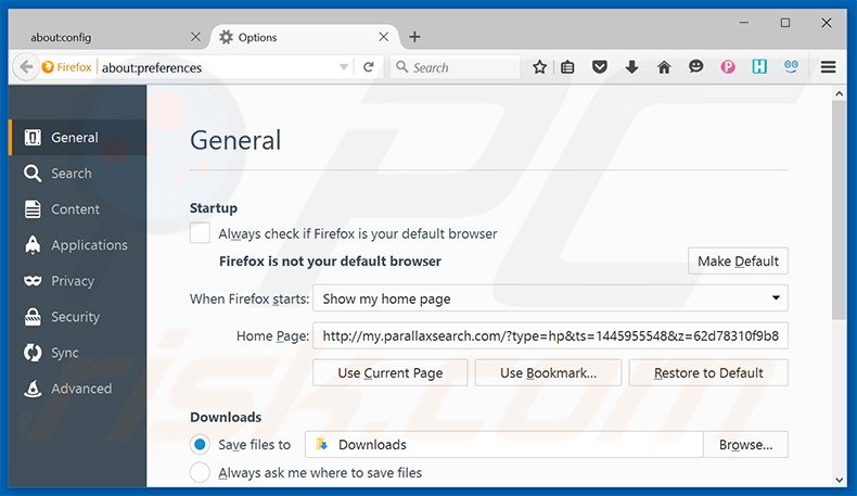 Eliminando my.parallaxsearch.com de la página de inicio de Mozilla Firefox