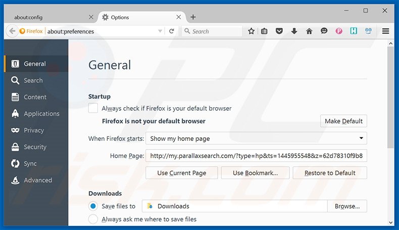 Eliminando my.parallaxsearch.com de la página de inicio de Mozilla Firefox