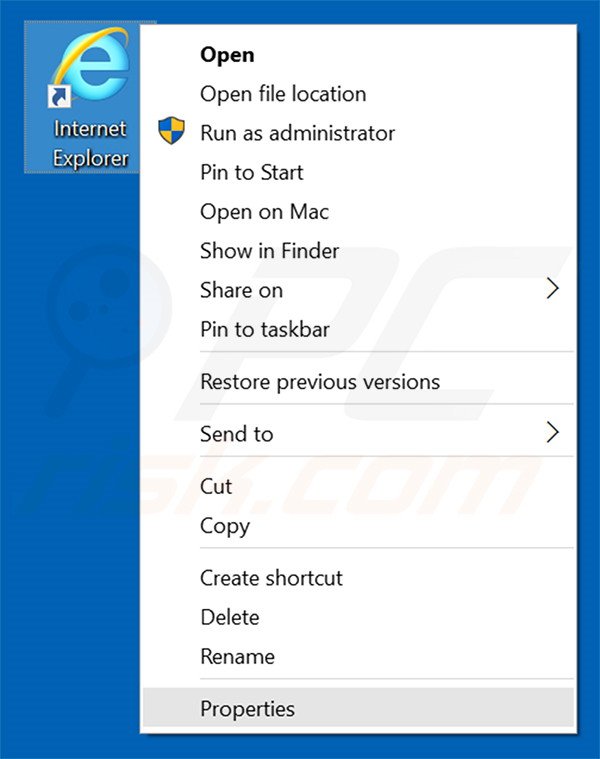 Eliminar my.parallaxsearch.com del destino del acceso directo de Internet Explorer paso 1