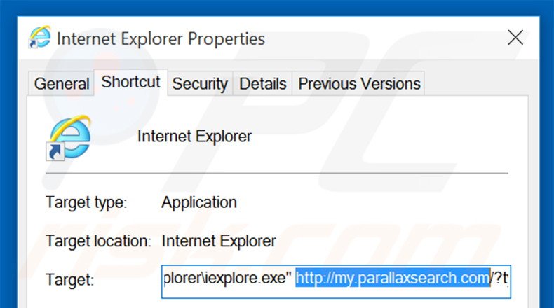 Eliminar my.parallaxsearch.com del destino del acceso directo de Internet Explorer paso 2