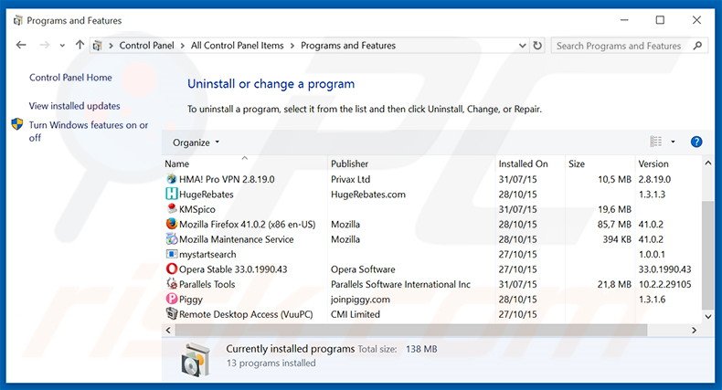 desinstalar el secuestrador de navegadores my.parallaxsearch.com desde el Panel de control