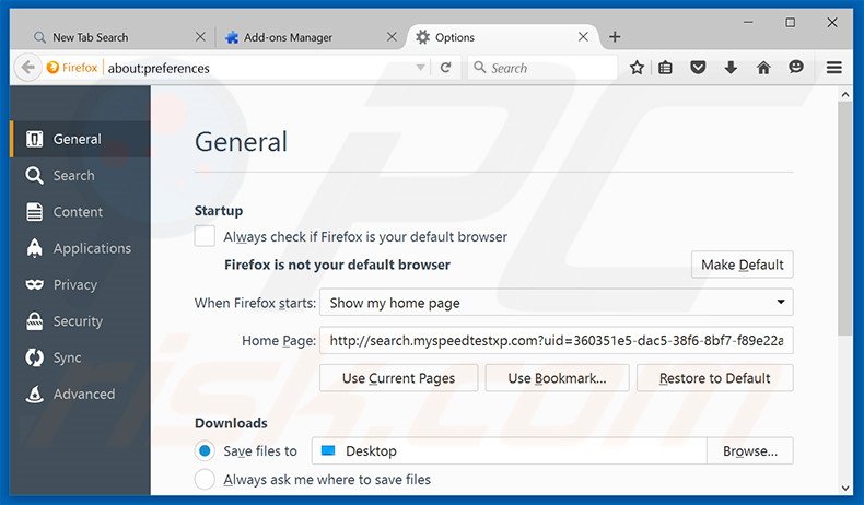 Eliminando search.myspeedtestxp.com de la página de inicio de Mozilla Firefox