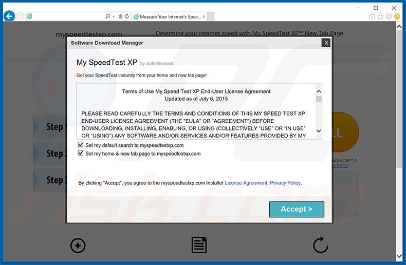 Sitio web destinado a promocionar el secuestrador de navegadores My SpeedTest XP: