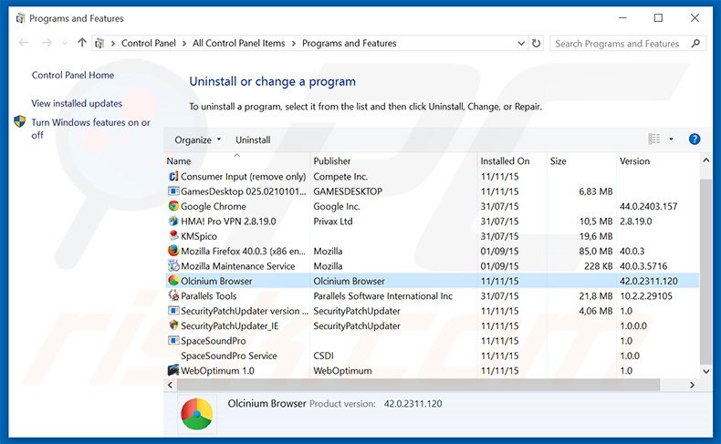 desinstalar el adware Olcinium browser del Panel de control