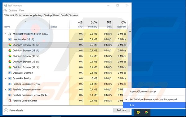 Ending Olcinium Browser task in the task manager