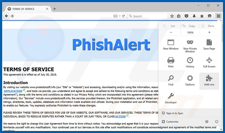 Eliminando los anuncios Phishalert de Mozilla Firefox paso 1