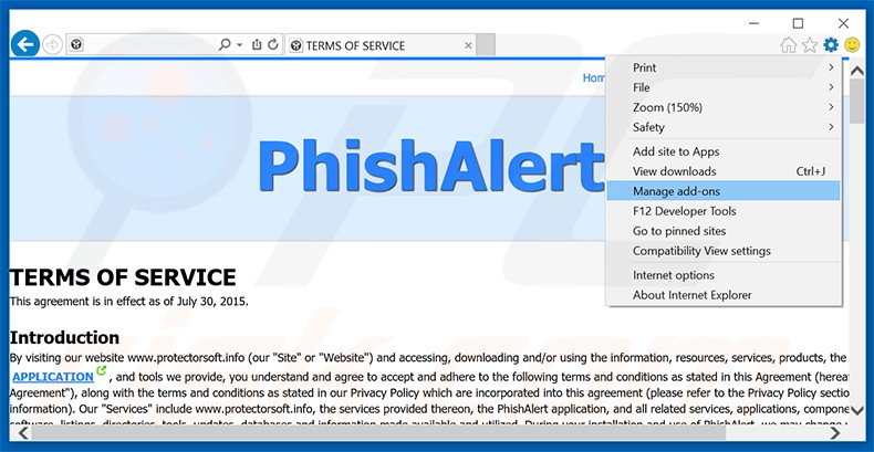 Eliminando los anuncios de Phishalert de Internet Explorer paso 1