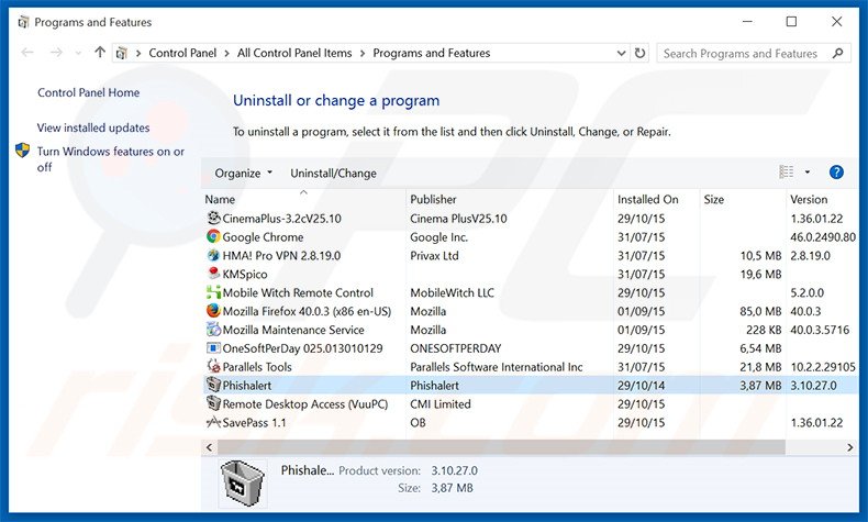 desinstalar el adware Phishalert del Panel de control