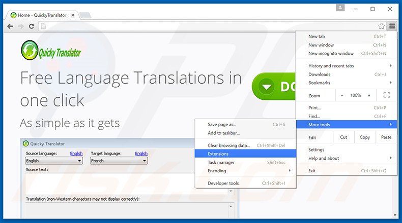 Eliminando los anuncios QuickyTranslator de Google Chrome paso 1