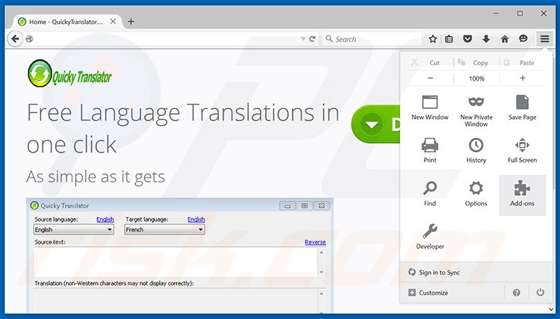 Eliminando los anuncios QuickyTranslator de Mozilla Firefox paso 1